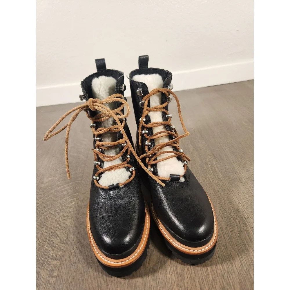 New Marc Fisher LTD Mlizzie Lizzie Ankle Shearling Combat Boots Black 6 Shoes